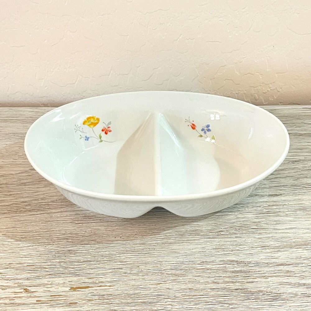 Hearthside Bake N Serve Dish Poppy Garden Divided Baker 10" White Flowers - Picture 2 of 9